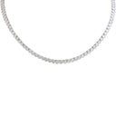 A silver tennis necklace with a continuous row of small clear round-cut stones, photographed against a plain white background.