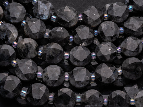 Natural Larvikite Star Cut Disc Beads, 10mm disc, Natural Black Labradorite beads, Larvikite Stone, Full Strand, DS005