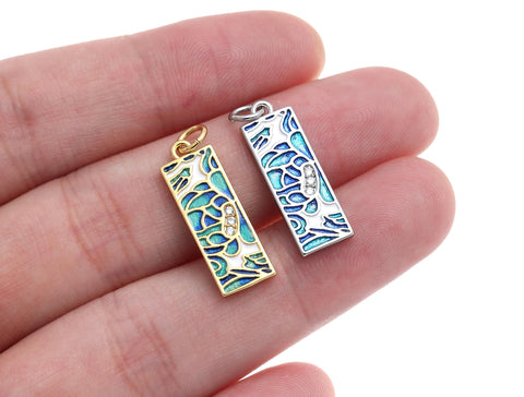 18k Gold or Silver CZ Bezel Set Shiny Rectangle Blue Mosaic Charm, Everyday wear Dainty Charm, Minimalist Jewelry, Artsy, CPG1577 CPS1577