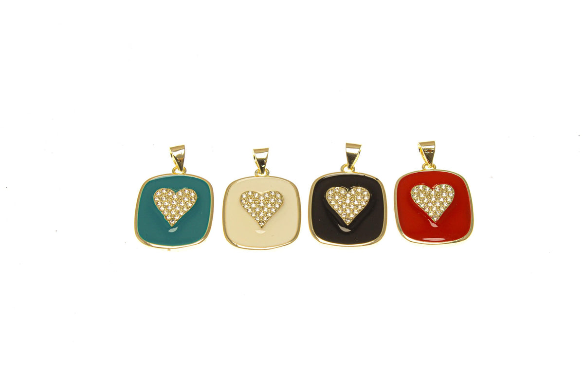 18k Gold Rectangle Dog Tag, CZ Heart Charm, Dog Tag CZ Heart Charm For Jewelry Making, Pave Heart Dog Tag Charm, CPG2341
