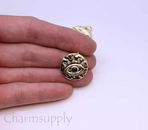 Gold or Silver Round Evil Eye Pendant, 18mm, Evil eye Protection, Evil Eye Spiritual Jewelry, Eye Pendant, 1 pc or 10 pcs,CPG110,CPS110
