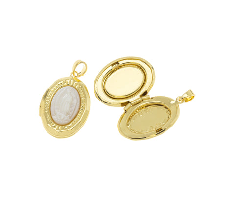 Guadalupe Gold Heart Locket,Oval Locket Heart Charm For Necklace,Gift For A Friend,Heart Shape Locket With Mother Of Pearl,CPG1011