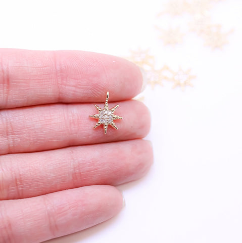 Gold or Silver Starburst cz 12x10mm Charm, Starburst cz Pendant, Great for Layering, 1 pc or 10 pcs, WHOLESALE CPG397,CPS397