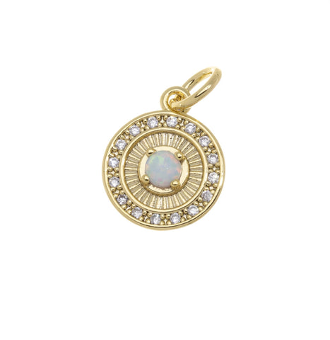 Dainty Gold Disc Circle Opal Charm With CZ,Small White Opal Coin Charm,Permanent Jewelry Making Opal Charm,CPG753