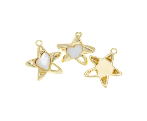 Star Charm With Polished Shiny White Mother Of Pearl Heart,Gold Star Charm With MOP Heart Inlay,Gold Star Charm With Heart Inlay ,CPG614
