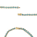 Gold tennis bracelet with round turquoise-blue stones, shown in three close-up views on a white background: a full section, a clasp detail, and a curved lower section.
