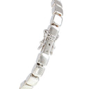 A close-up of a silver cube-link bracelet showing the clasp mechanism against a plain white background.