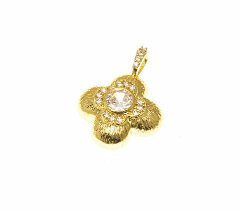 18k Gold Four Leaf Flower Charm CZ,  Super Sparkly Clover Charm, Four Leaf Clover Charm, Textured Gold, CZ Stone Flower Charm, CPG1661
