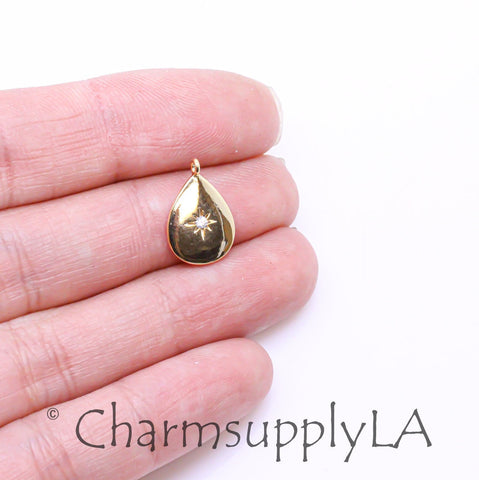 Gold Starburst CZ Teardrop Pendant, 14x9.5mm, Gold Puffy Starburst cz Teardrop, 1 pc or 10 pcs, WHOLESALE,CPG366-CPS366