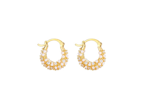 Small Hoop Earrings, CZ and Pearl hoops, CZ details on outside ring, Gold earrings, Pearl Earings, Gifts For Her, Bridal jewelry, ERG382
