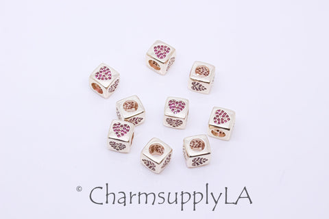 Gold Red heart Gold Dice Bead, Gold Cube with Red Heart, 7.5mm, Gold Red Heart Cube Bead, 1 pc or 10 pcs, WHOLESALE,SPG049