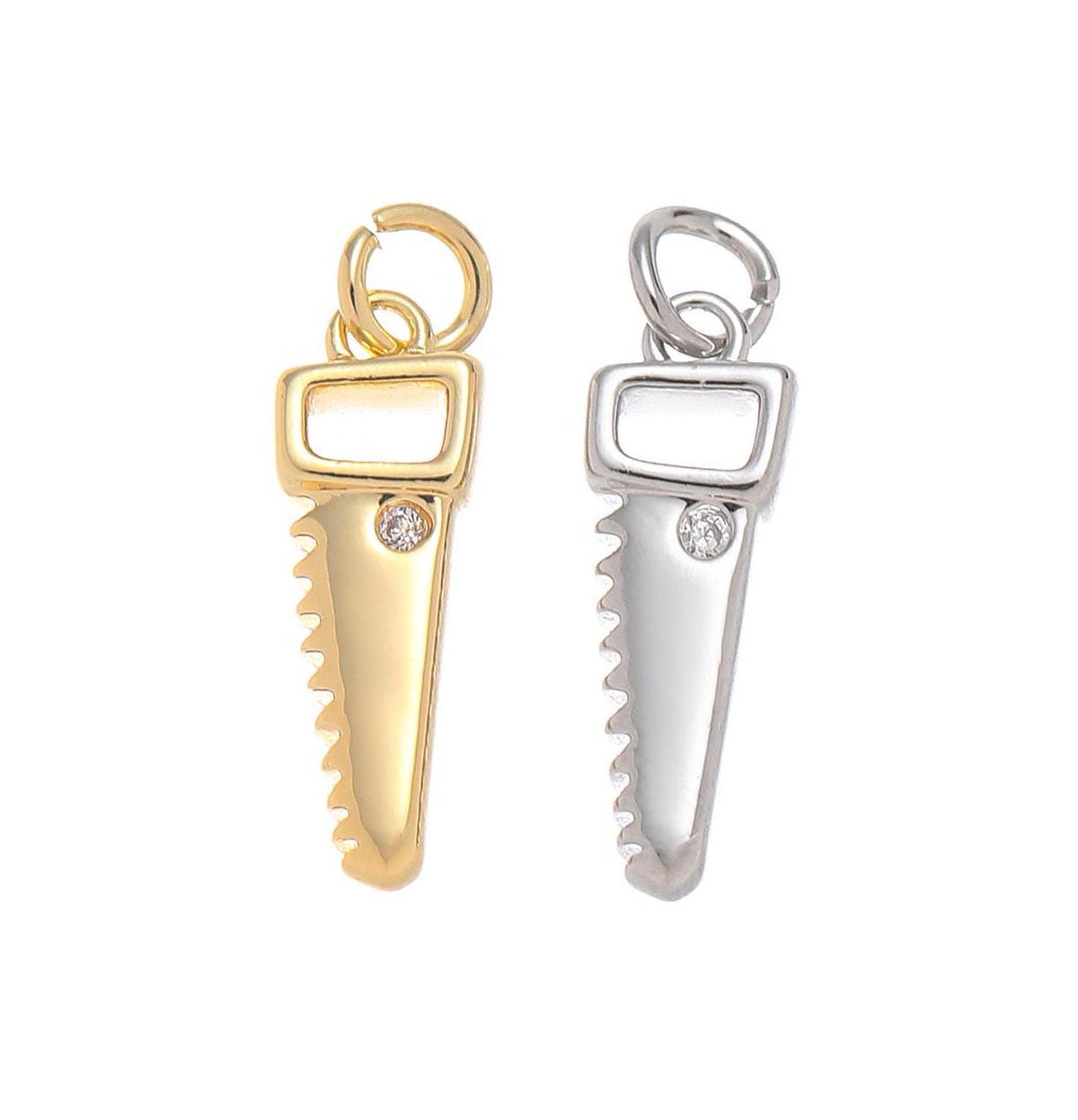 Gold And Silver Wood Cutting Saw Charm With CZ,Permanent Jewelry Making saw Charm,Wood Saw Charm For Jewelry Making,CPG-CPS1465