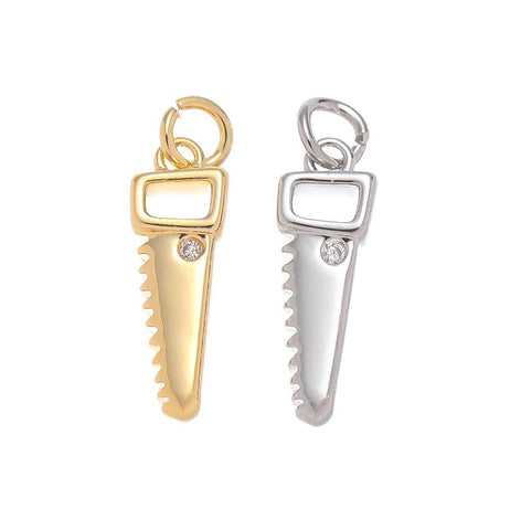Gold And Silver Wood Cutting Saw Charm With CZ,Permanent Jewelry Making saw Charm,Wood Saw Charm For Jewelry Making,CPG-CPS1465