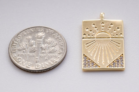 Gold cz sunray rectangle tag, 19x13mm, sunray pendant, Sun Pendant, cz sun pendant, Celestial Jewelry, 1pc or 10pcs, WHOLESALE,CPG375-CPS375
