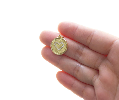Gold Heart Charm With CZ,Pave Coin Heart Charm,Textured CZ Disc Heart Charm,Round Circle Disc Heart Charm,Heart Charm For Necklace,CPG2540