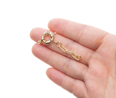 Gold Sailor Clasp Chain Extender,Gold Sailors Clasp With Paper Clip Extension Chain,Spring Ring Sailor Clasp,Spring Ring Round Clasp,CLG252