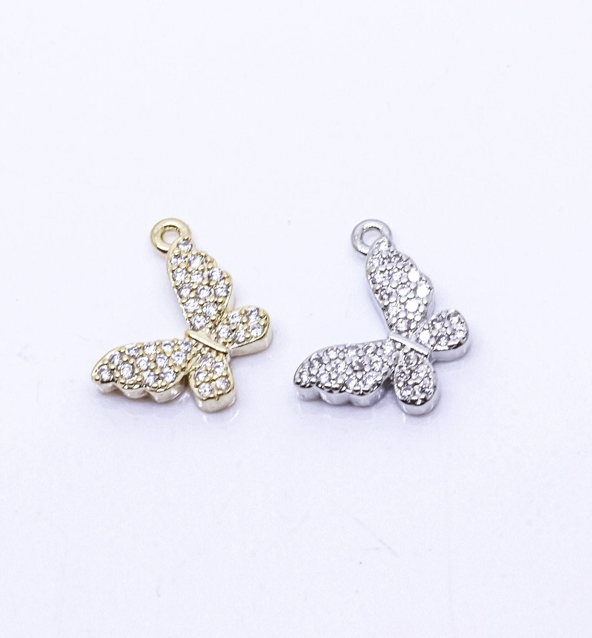 Gold or Silver Dainty cz Full Pave set Butterfly charm, Side-Drop Pendant, Super Sparkly, Great for Layering, 1 pc, or 10 pcs,CPG091,CPS091