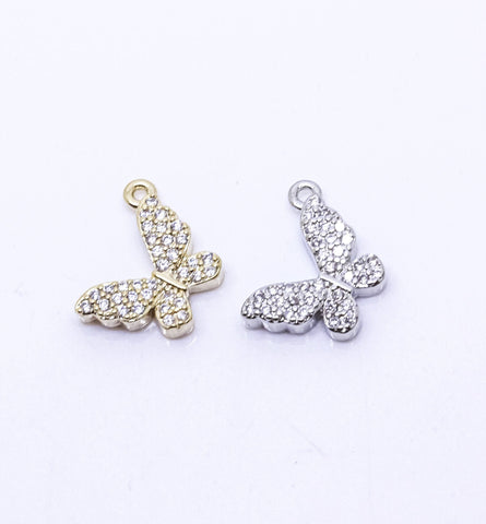 Gold or Silver Dainty cz Full Pave set Butterfly charm, Side-Drop Pendant, Super Sparkly, Great for Layering, 1 pc, or 10 pcs,CPG091,CPS091