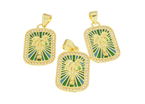 18k Gold Palm tree Pendant, Green Blue Tropical Palm Tree Charm, CZ Stone Detail, Super Sparkly Charm, CPG2513
