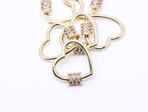 Gold Light Lavender Amethyst cz Heart Carabiner Lock, 20mm, Screw on clasp, Open Heart Lock, 1pcs or 10 pcs, WHOLESALE