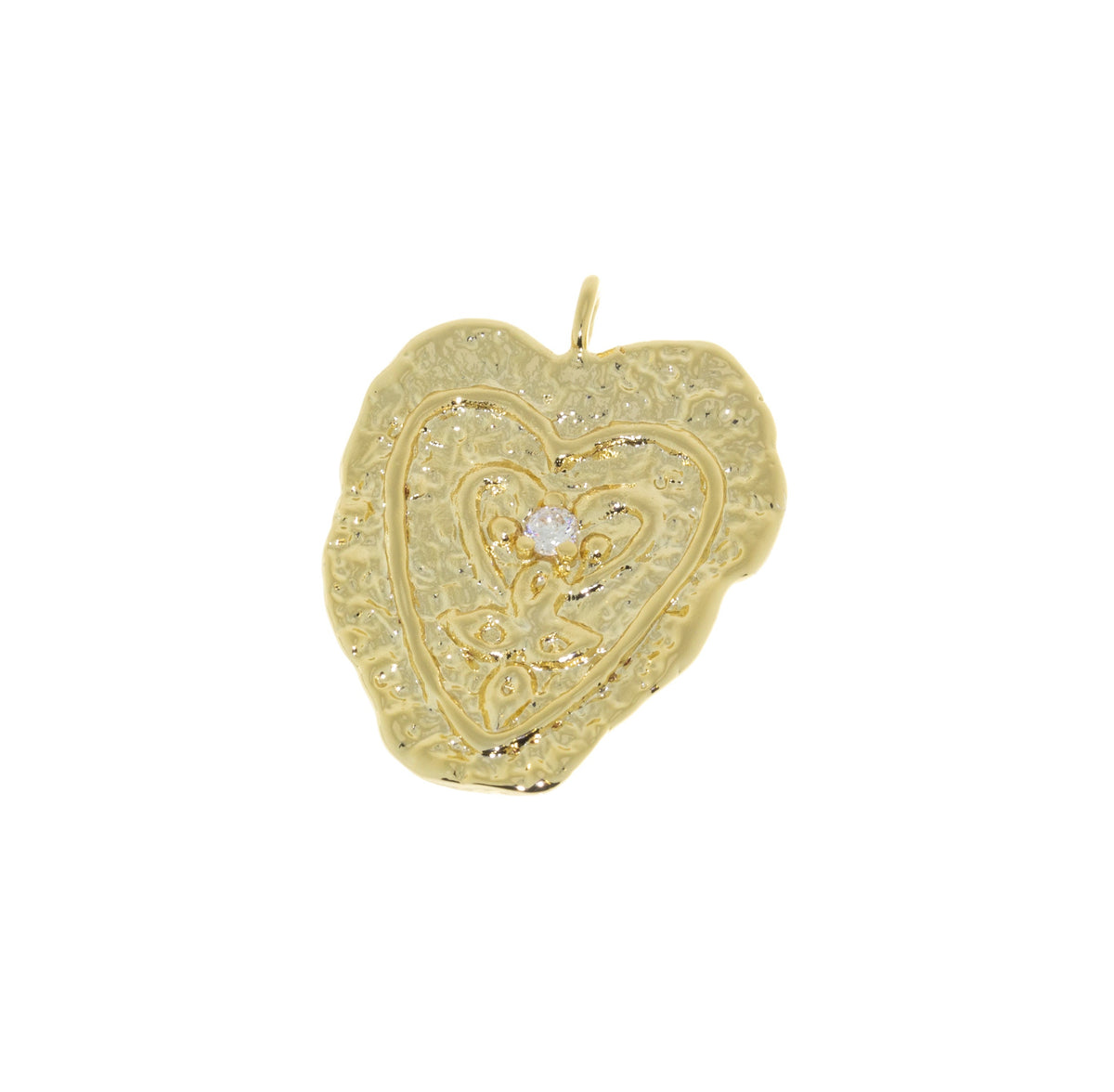 Hammered Gold Heart Pendant, Large Heart Charm With CZ, Pave Hammered Gold Pendant, CPG310