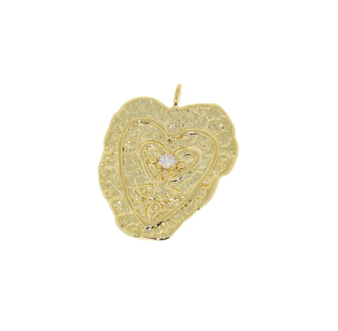 Hammered Gold Heart Pendant, Large Heart Charm With CZ, Pave Hammered Gold Pendant, CPG310