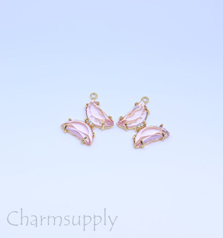 2 pcs of Gold cz Centered Symmetrical Butterfly Drops,sell as a set,Earring Drops or Single Pendant, L and R,15mm, 2 pcs or 10 pcs,CP144