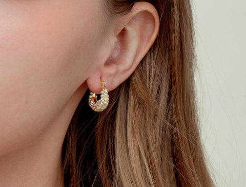 Small Hoop Earrings, CZ and Pearl hoops, CZ details on outside ring, Gold earrings, Pearl Earings, Gifts For Her, Bridal jewelry, ERG382