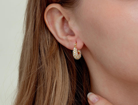 Small Hoop Earrings, CZ and Pearl hoops, CZ details on outside ring, Gold earrings, Pearl Earings, Gifts For Her, Bridal jewelry, ERG382