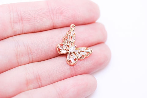 Gold Butterfly cz Baguette set, 16x13mm, Sideway Pendant, gold butterfly pendant, CPG093,CPS093