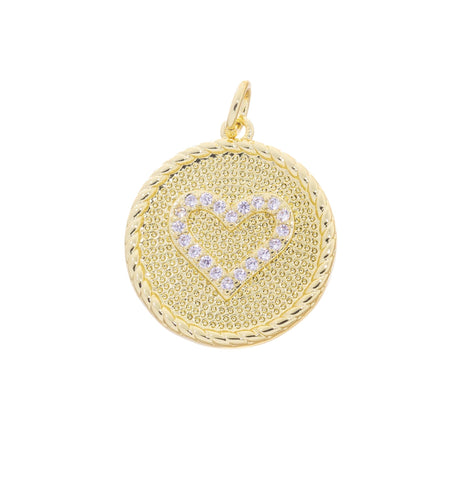 Gold Heart Charm With CZ,Pave Coin Heart Charm,Textured CZ Disc Heart Charm,Round Circle Disc Heart Charm,Heart Charm For Necklace,CPG2540