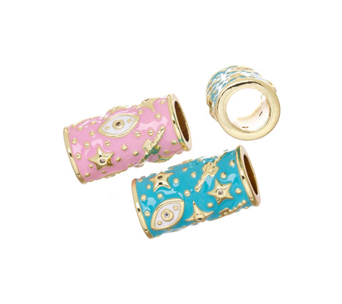 Talisman Round Tube Bead,Gold Talisman Evil Eye And Star Spacer Bead,Large Hole Spacer Bead For Leather Cord,Paracord Or Chain,SPG149R