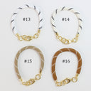 Four woven bracelet options arranged in a 2x2 grid on a white background, labeled #13 through #16. The bracelets have gold-tone lobster clasp connectors and are shown in white, beige, and brown tones with woven pattern details.