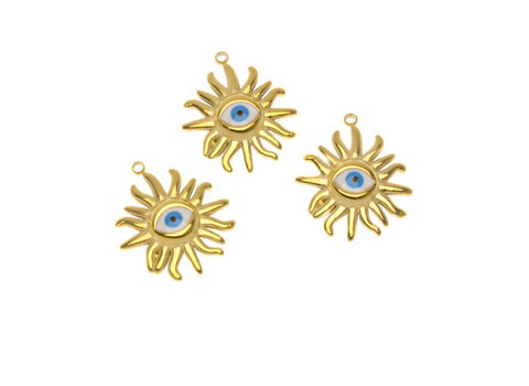 Water Proof, Tarnish Proof Gold Evil Eye Sun, Protection Charm, Perfect for Necklace, SSPG010