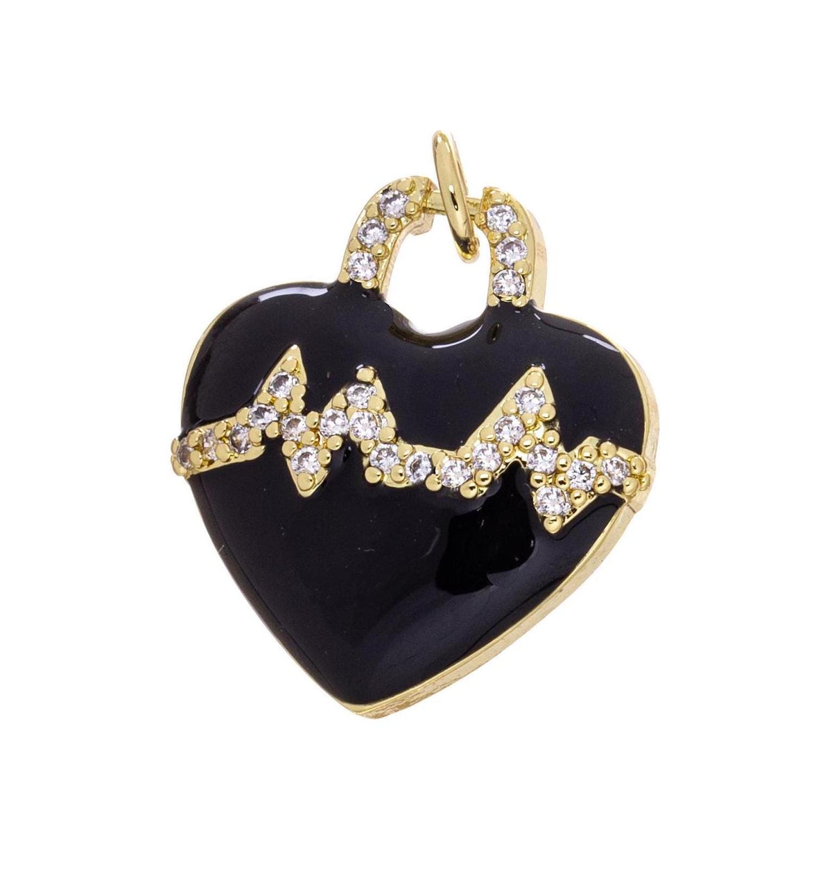 Heartbeat Charm With CZ,Gold Heartbeat pulse Charm,Black Enamel Heart Charm For Necklace Or Earrings,CPG2450