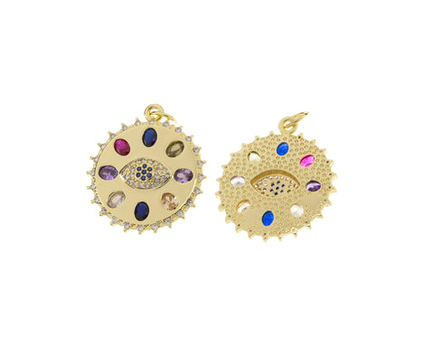Gold Evil Eye Coin Pendant,Circle Evil Eye Amulet CZ Charm,Gold Multi Color Stone Charm,Jewelry Making Charm Supply,CPG760