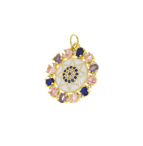 Gold Evil Eye Star Flower Pendant,Circle Evil Eye Amulet Star CZ Charm,Gold Star Multi Color Stone Charm,Jewelry Making Supply,CPG759