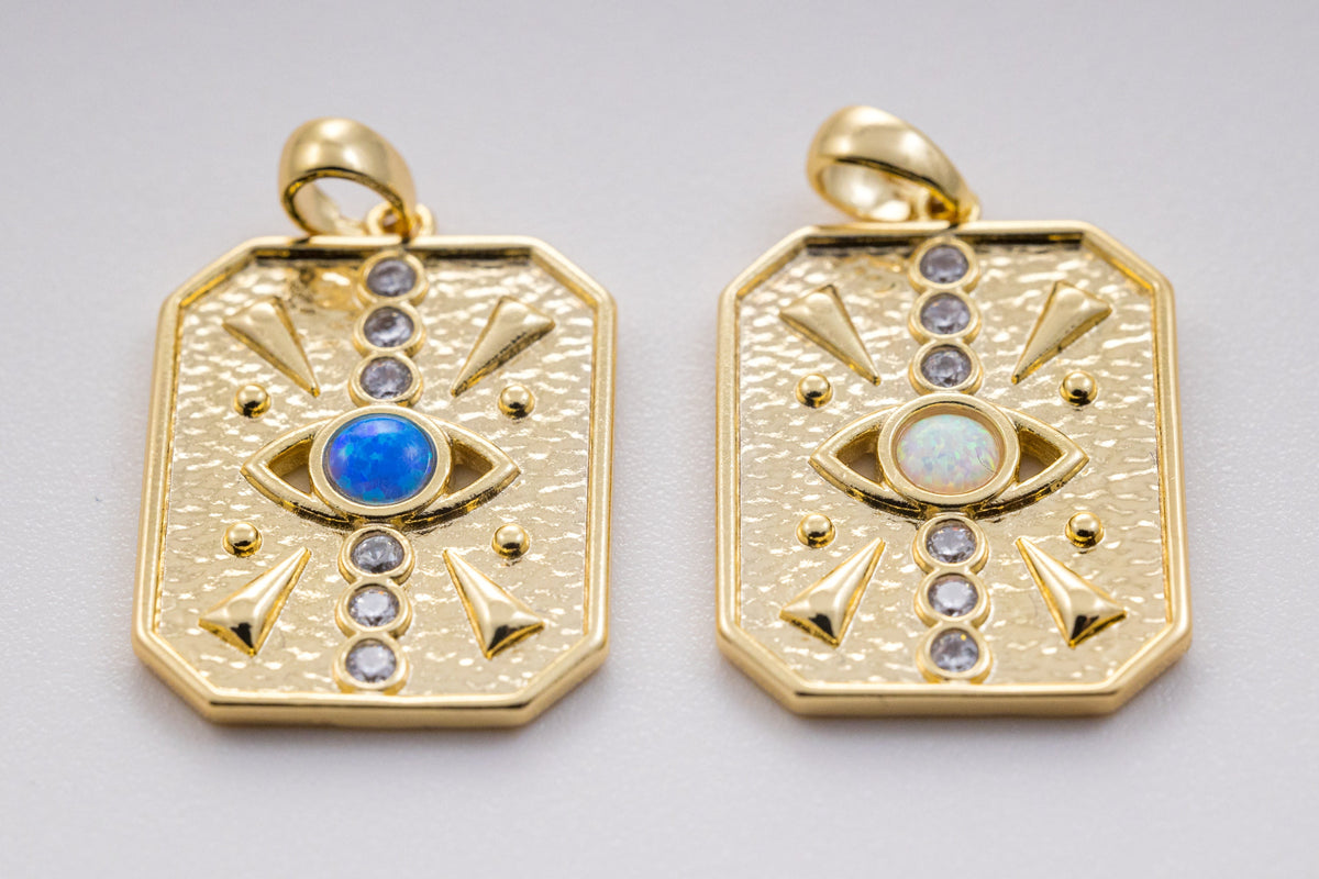 Gold evil eye rectangle opal cz tag, 23x18mm, evil eye tag, cz eye tag, 1 pc or 10 pcs, WHOLESALE,CP130