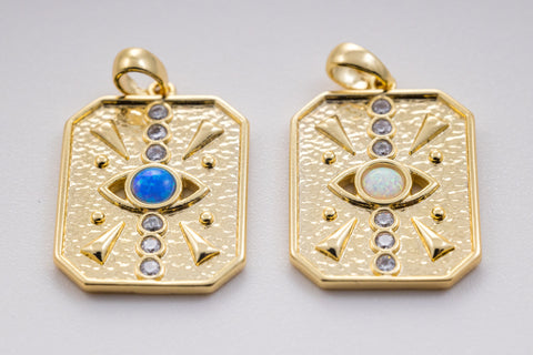 Gold evil eye rectangle opal cz tag, 23x18mm, evil eye tag, cz eye tag, 1 pc or 10 pcs, WHOLESALE,CP130