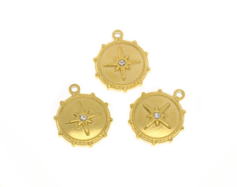 Water Proof, Tarnish Proof Gold CZ Compass, Lucky Charm, CZ Detail, Perfect for Necklace and layering, SSPG012