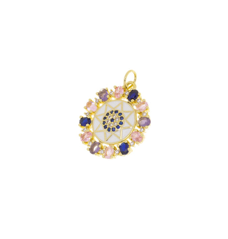 Gold Evil Eye Star Flower Pendant,Circle Evil Eye Amulet Star CZ Charm,Gold Star Multi Color Stone Charm,Jewelry Making Supply,CPG759