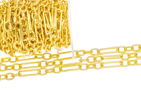Gold Paperclip And Twisted link Alternating Chain,Elongated Smooth Oval Paperclip With Twisted Rope Chain For Jewelry Making,CHG102