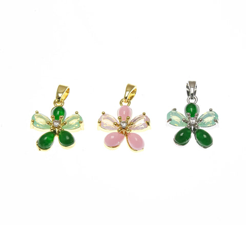 18k Gold or Silver Dainty Flower Charm With CZ, Pink Flower,  Gold Pave CZ Charm For Necklace Or Bracelet Making,CPG2268G,CPS2268G,CPG2268P,