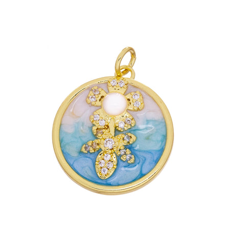 Disc Flower Charm With CZ,Gold Flower Enamel Coin Charm, Tag Flower Pave Charm,Flower Charm For Arts Crafts And Jewelry Making,CPG2454