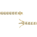 Close-up of a yellow gold tennis bracelet showing the clasp details from two angles on a solid white background.