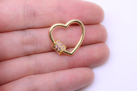 Gold Light Lavender Amethyst cz Heart Carabiner Lock, 20mm, Screw on clasp, Open Heart Lock, 1pcs or 10 pcs, WHOLESALE