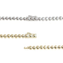 Two tennis-style bead bracelets shown on a plain white background, one in silver-tone metal and one in yellow-gold metal, each cropped to show a section of the chain and clasp.