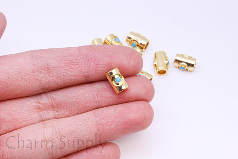 Gold Turquoise cz Eye Bead, 9.3x6.5mm,  Double Sided, Turquoise Eye Bead, 1 pc or 10 pcs, WHOLESALE, MP24-10083
