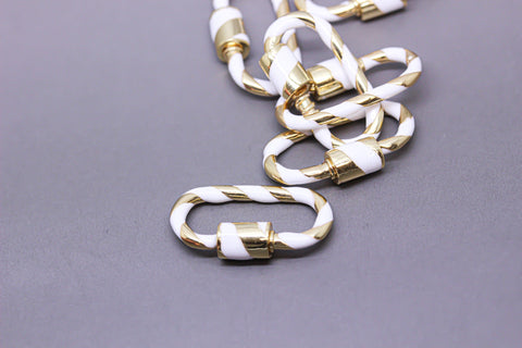 White/Gold Enamel 11x25mm Large Candy Cane Carabiner lock, Screw Clasp, Screw on Clasp, 1 pc or 10 pcs, WHOLESALE, CLG083