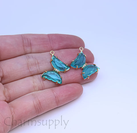 2 pcs of Gold cz Centered Symmetrical Butterfly Drops,sell as a set,Earring Drops or Single Pendant, L and R,15mm, 2 pcs or 10 pcs,CP144